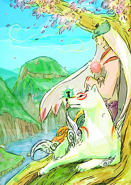 Okami Amaterasu and Issun under tree