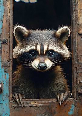 Raccoon Portrait in Rustic Window Frame