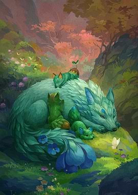 Sleeping Wolf with Cubs in Forest