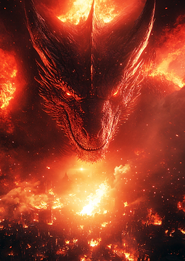 Fiery Dragon Over Burning City
