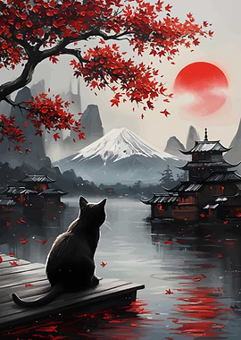 Japanese Landscape with Cat and Pagoda