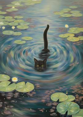 Black cat in lily pond painting