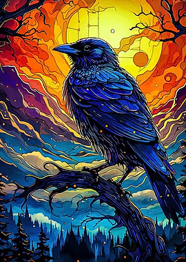 Blue Raven on Branch at Sunset