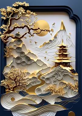 Golden Asian Landscape with Pagoda