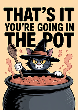 Cat Witch Pot Cartoon Illustration