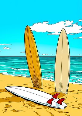 Surfboards on Beach Comic Style Art
