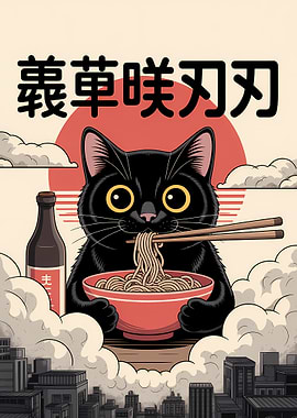 Black Cat Eating Ramen Illustration