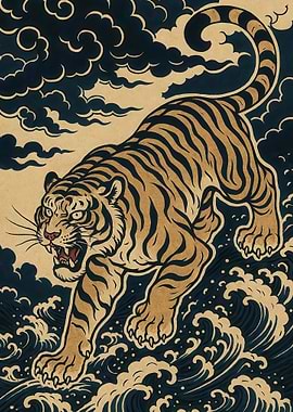Tiger shio in Waves and Clouds Art