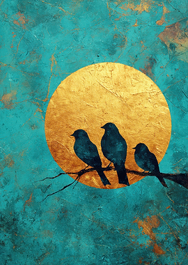 3 Birds on a Branch with Golden Moon, abstract painting