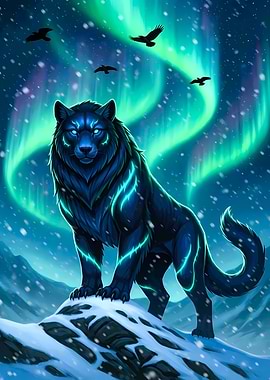 Wolf with Aurora Borealis