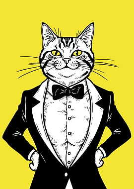 Cat in Tuxedo on Yellow Background