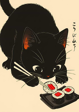 Black Cat with Sushi