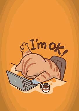 Cartoon Cat Working on Laptop