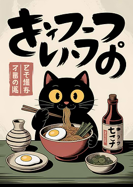Cat Eating Ramen Illustration