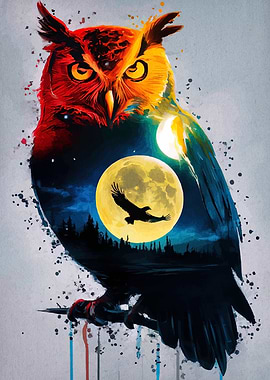 Colorful Owl with Night Landscape