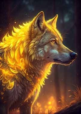 Golden Wolf Portrait in Forest