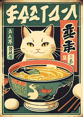 Cat and Ramen Japanese Art Poster