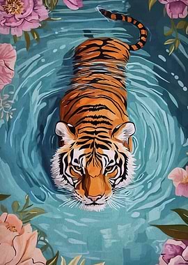 Tiger swimming in floral water