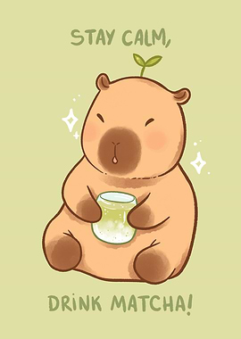Cute Capybara Drinking Matcha