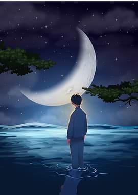 Boy Gazing at Moonlit Water