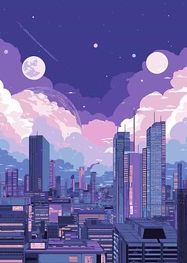 Purple Pixel Art Cityscape