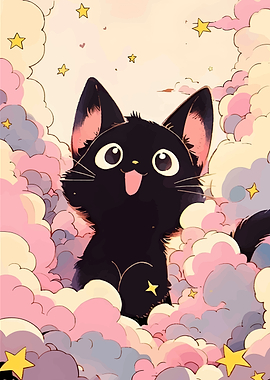 Cute Black Cat in Pastel Clouds