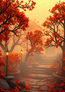 Autumn Pathway with Orange Leaves