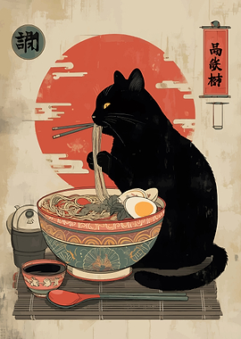 Black Cat Eating Ramen Noodles Art