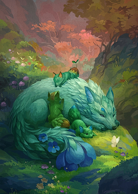 Sleeping Wolf with Cubs in Forest