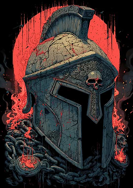 Spartan Helmet with Chains and Fire
