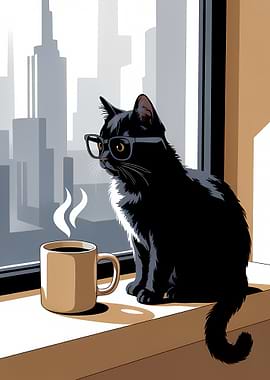 Cat with Glasses and Coffee