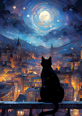 Black Cat Gazing at Cityscape Moon