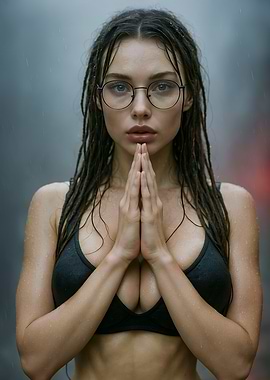 Wet Warrior Woman in Rainy Meditation Pose
