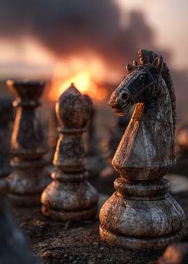 Chess Knight Piece with Fiery Backdrop