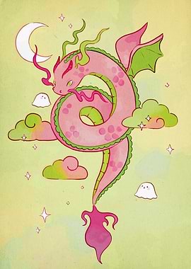 Pink Dragon with Ghosts and Moon