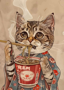 Cat Eating Ramen in Kimono