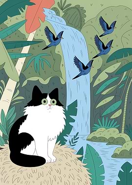 Cat and Birds by Waterfall