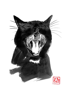 Black Cat Yawning Ink Painting