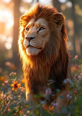 Majestic Lion in a Floral Meadow