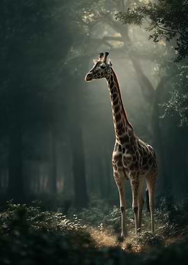 Giraffe in Misty Forest