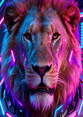 Cyberpunk Lion Portrait with Neon Lights