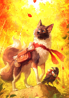 Autumn Adventure: Dog and Crow Companions