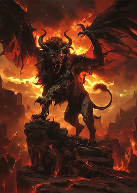 Winged Lion Demon in Fiery Landscape