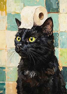 Black Cat with Toilet Paper Hat