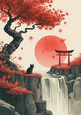 Japanese Landscape with Cat and Waterfall