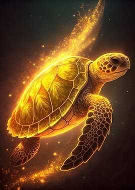 Golden Sea Turtle with Sparkling Trail