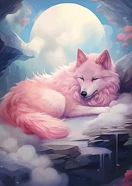Pink Wolf Resting Under the Moon