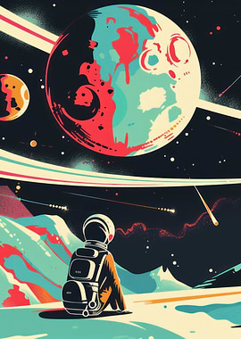 Astronaut gazing at planets in space