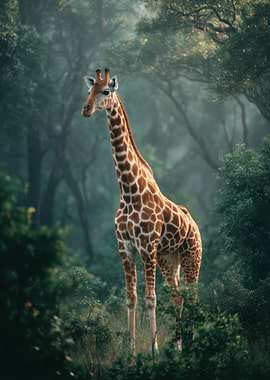 Giraffe in Misty Forest