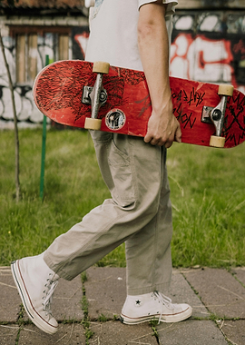 Skateboarder with Red Skateboard and Sneakers